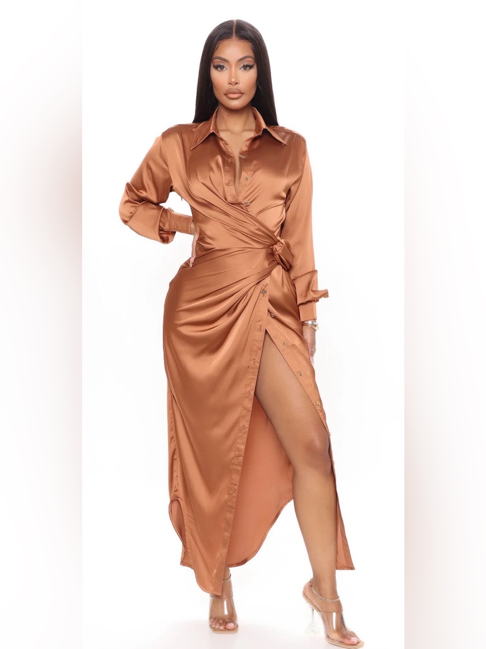 🆕 Fashion Nova Copper Satin Wrap Shirt Dress XS